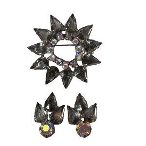 Vintage Smoky Topaz Statement Rhinestone Starburst Brooch & Clip-On Earrings Set